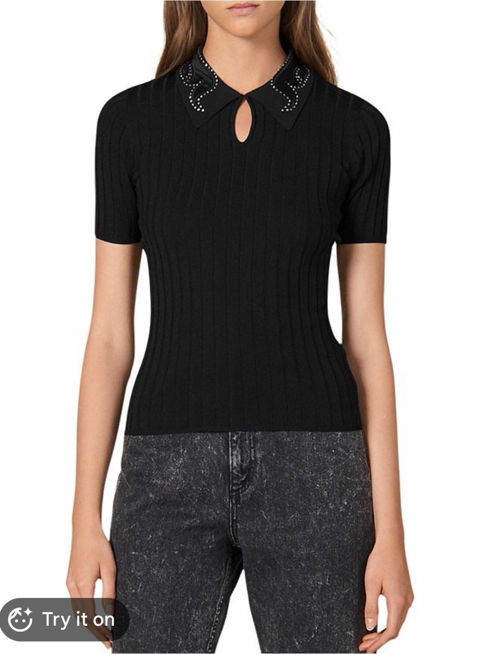 Sandro Tims Black Ribbed Short-Sleeve Top with Embellished Collar